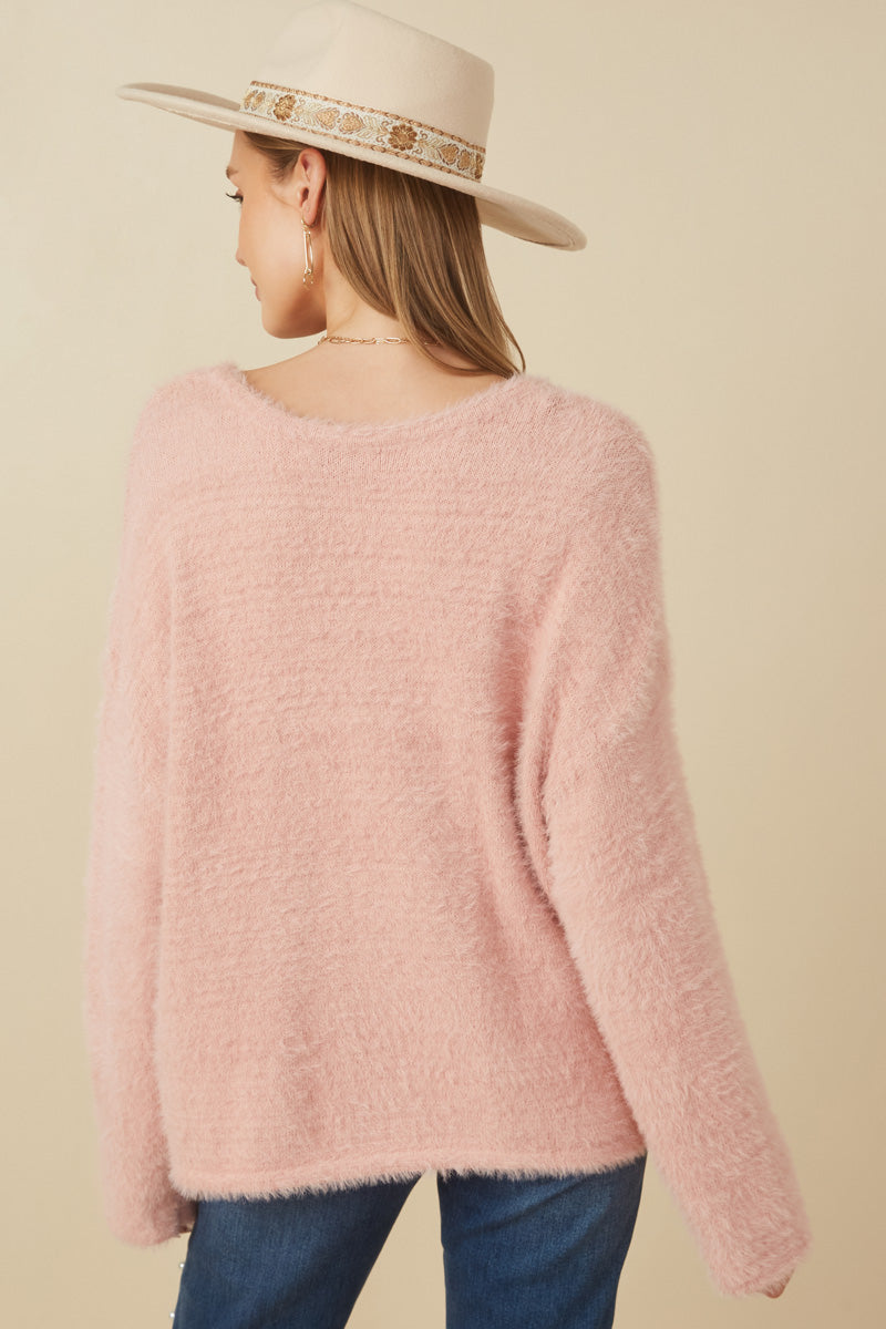 HY7522 Blush Womens Mohair V Neck Sweater Top Back