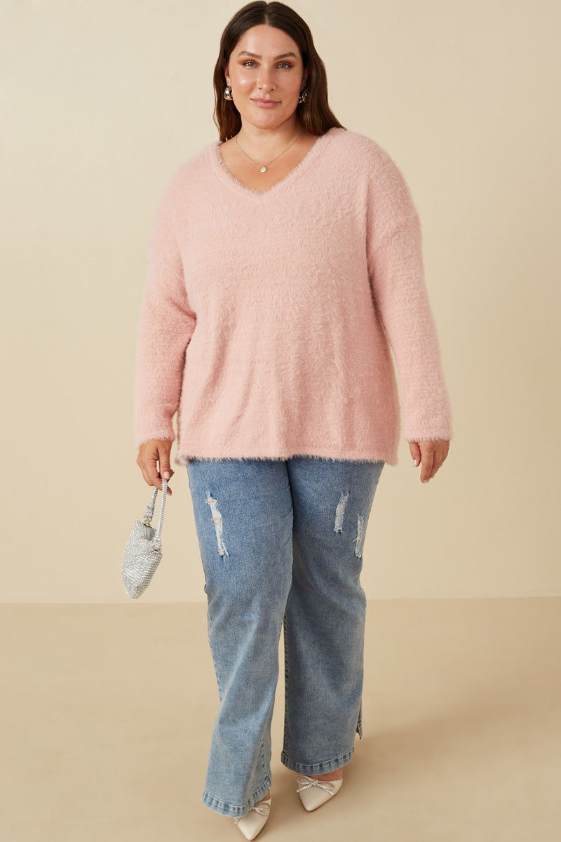 HY7522W Blush Plus Mohair V Neck Sweater Top Full Body