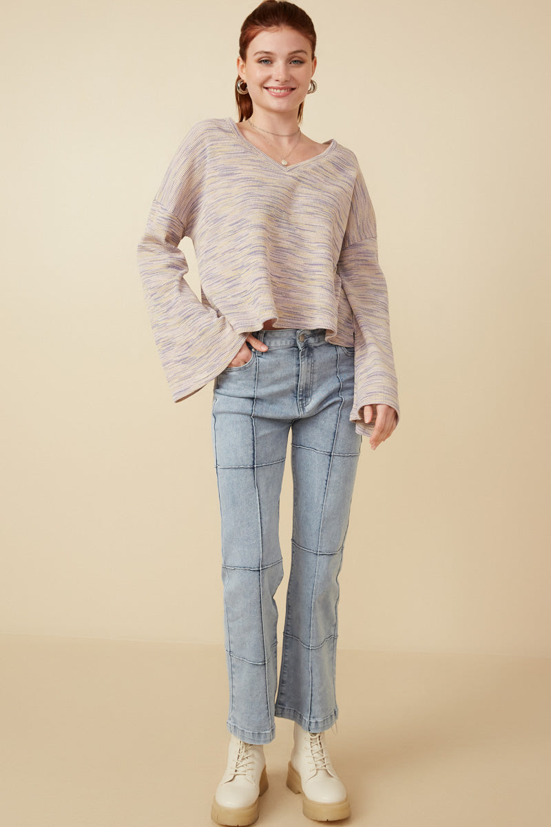 Textured V Neck Drop Shoulder Marled Knit Top