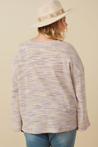HY7523W Lavender Plus Textured V Neck Drop Shoulder Marled Knit Top Back