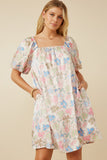 HY7532 Ivory Womens Floral Puff Sleeve Foiled Dress Front