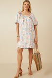 HY7532 Ivory Womens Floral Puff Sleeve Foiled Dress Full Body