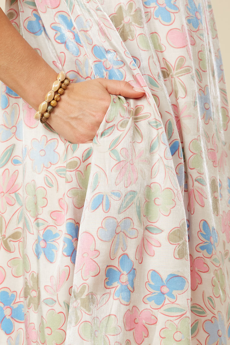 HY7532 Ivory Womens Floral Puff Sleeve Foiled Dress Detail