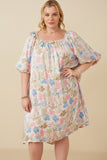 HY7532W Ivory Plus Floral Puff Sleeve Foiled Dress Front