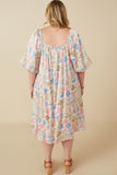 HY7532W Ivory Plus Floral Puff Sleeve Foiled Dress Back