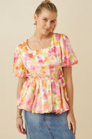 HY7533 Pink Mix Womens Satin Soft Floral Bubble Hem Foiled Peplum Top Pose