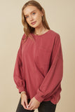 Womens Drop Shoulder Washed Long Sleeve Knit T Shirt Front