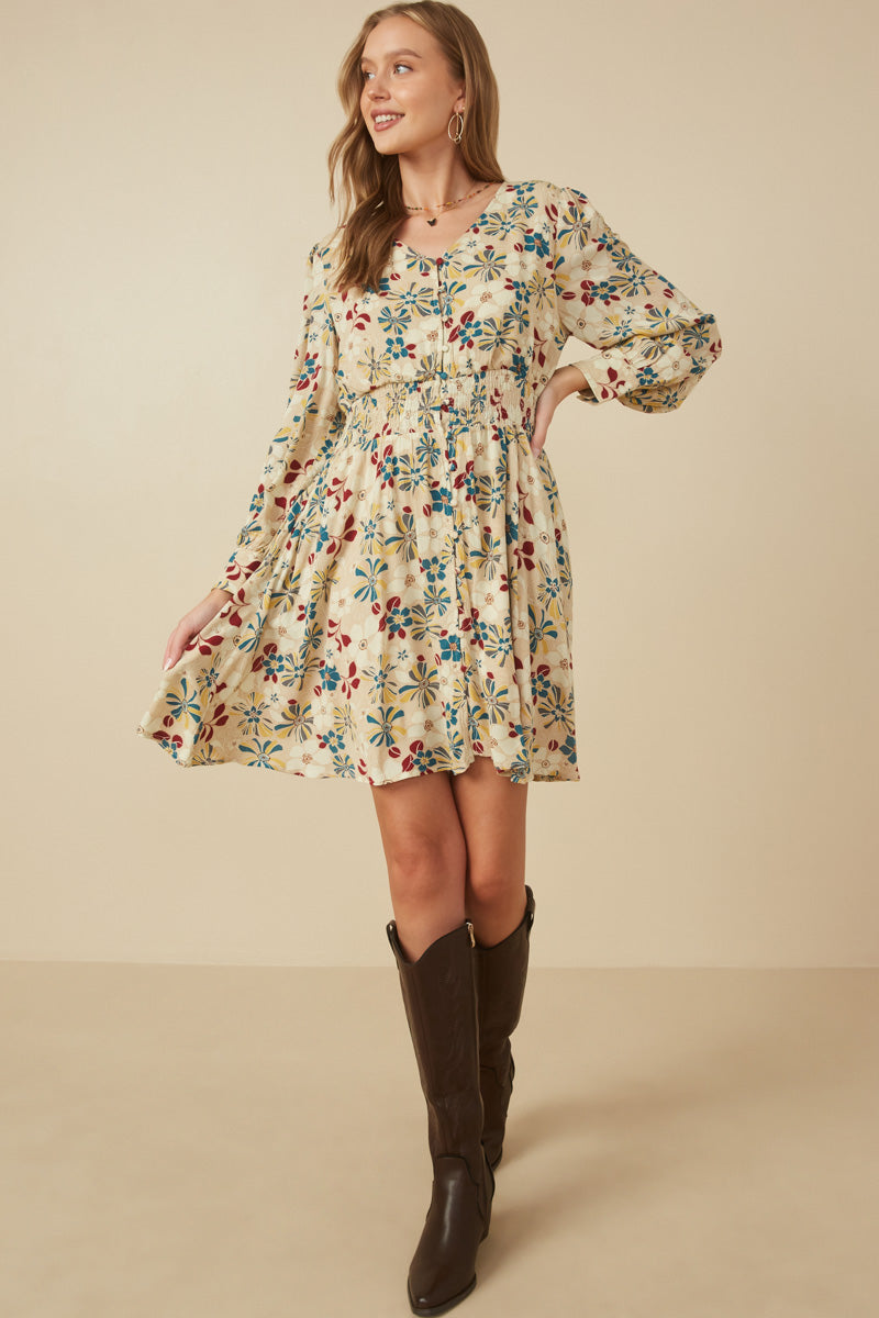 Floral Print Button Up V Neck Smock Detail Dress