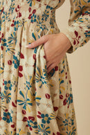 Womens Floral Print Button Up V Neck Smock Detail Dress Detail