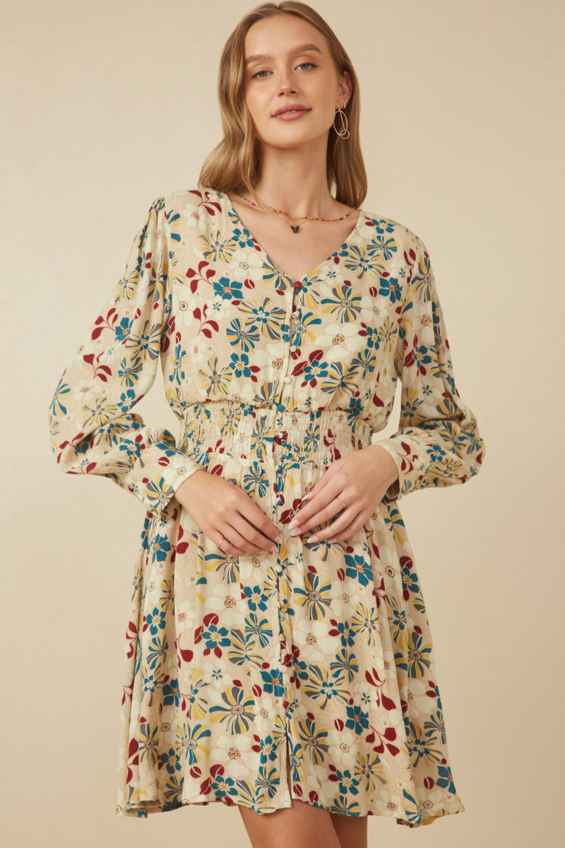 Womens Floral Print Button Up V Neck Smock Detail Dress Side