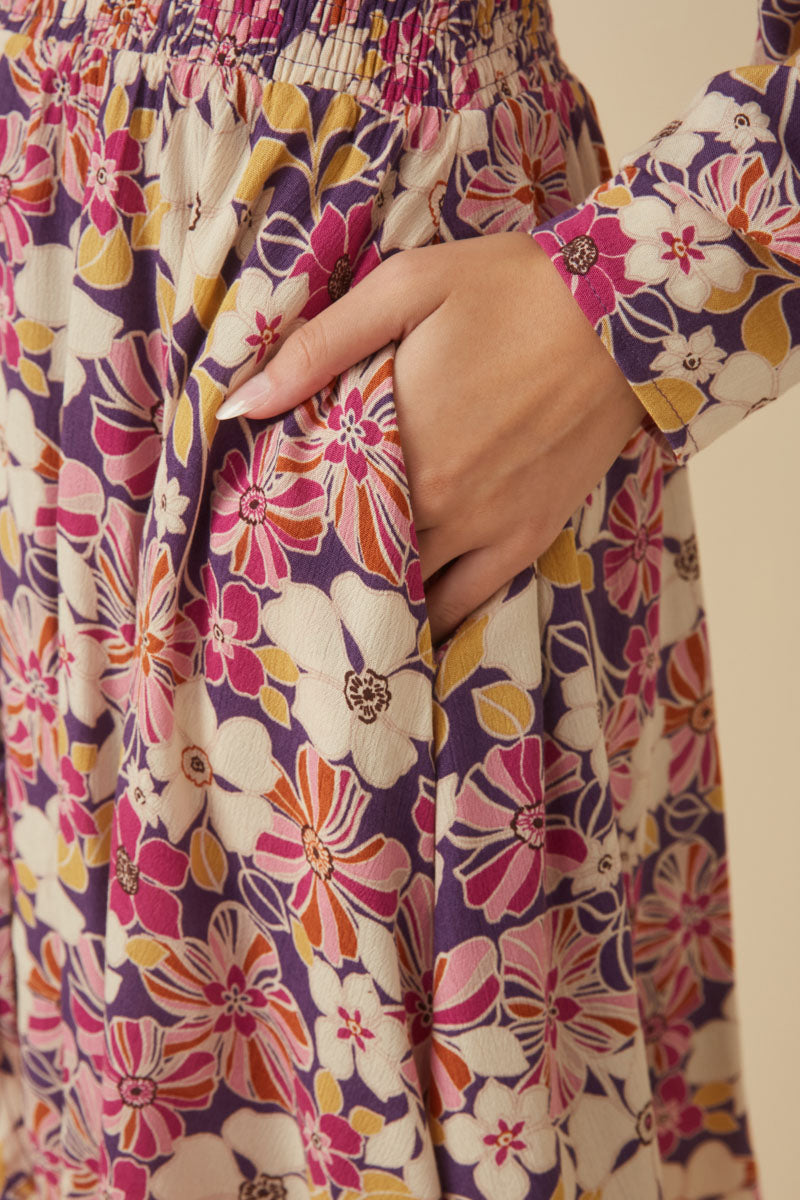 Womens Floral Print Button Up V Neck Smock Detail Dress Detail