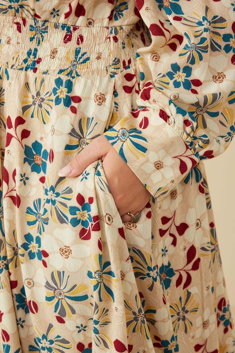 Plus Floral Print Button Up V Neck Smock Detail Dress Detail