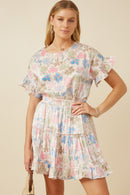 HY7588 Ivory Womens Floral Ruffle Sleeve Foiled Top Front