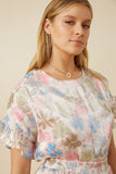 HY7588 Ivory Womens Floral Ruffle Sleeve Foiled Top Detail