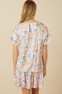 HY7588 Ivory Womens Floral Ruffle Sleeve Foiled Top Back