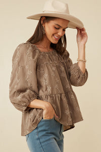 HY7592 Taupe Womens Brushed Floral Detailed Puff Sleeve Square Neck Top Side