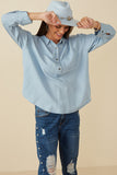 HY7594 Light Denim Womens Long Sleeve Chest Pocket Tencel Polo Shirt Pose