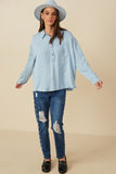 HY7594 Light Denim Womens Long Sleeve Chest Pocket Tencel Polo Shirt Full Body