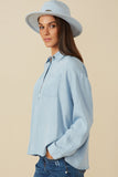HY7594 Light Denim Womens Long Sleeve Chest Pocket Tencel Polo Shirt Side