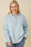 HY7594W Light Denim Plus Long Sleeve Chest Pocket Tencel Polo Shirt Front