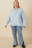 HY7594W Light Denim Plus Long Sleeve Chest Pocket Tencel Polo Shirt Full Body