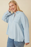 HY7594W Light Denim Plus Long Sleeve Chest Pocket Tencel Polo Shirt Pose