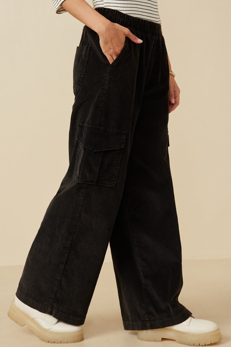 Washed Corduroy Wide Leg Cargo Pants