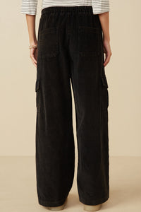 HY7600 Black Womens Washed Corduroy Wide Leg Cargo Pants Back