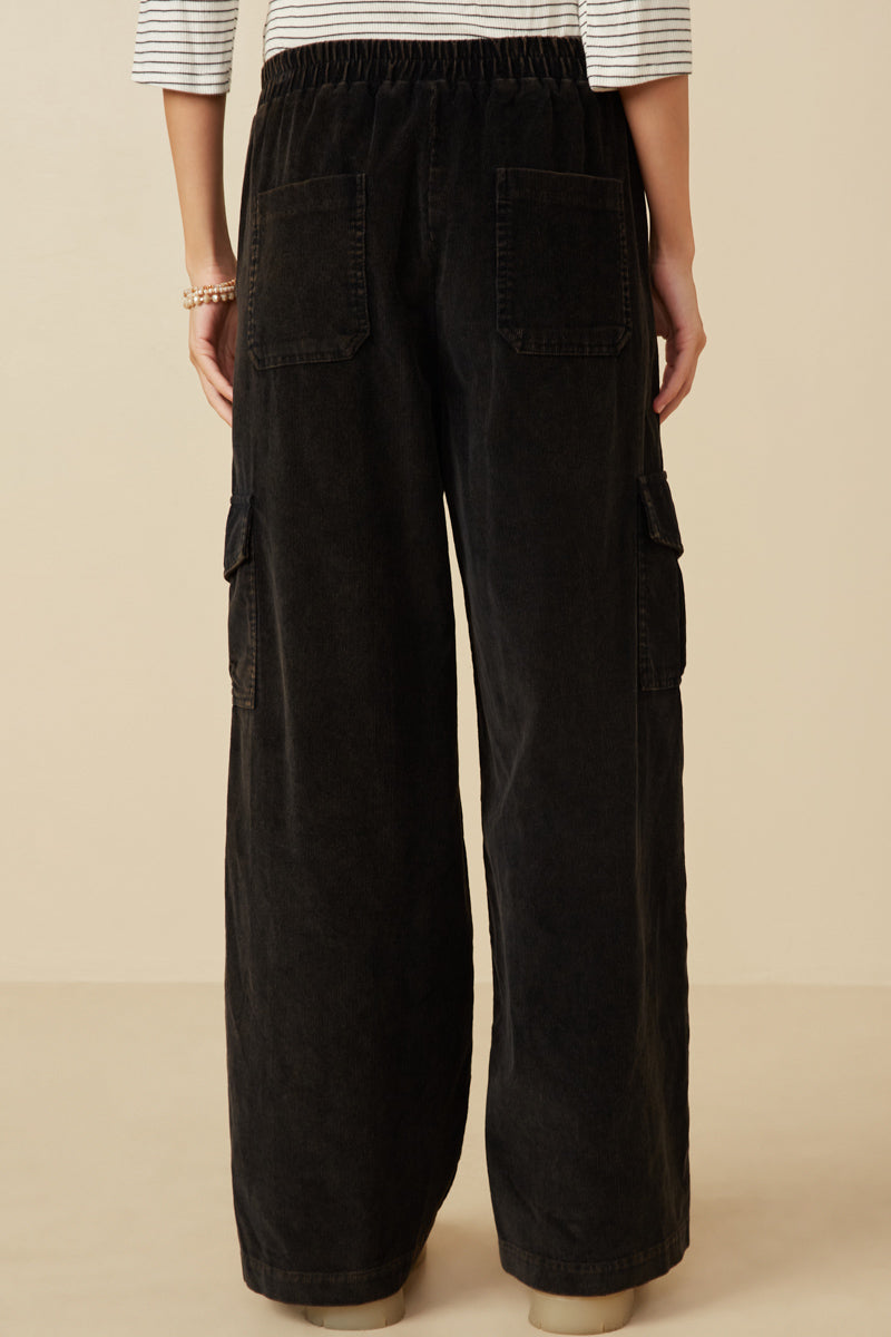 HY7600 Black Womens Washed Corduroy Wide Leg Cargo Pants Back