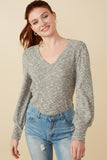 Womens Textured V Neck Speckled Rib Knit Top