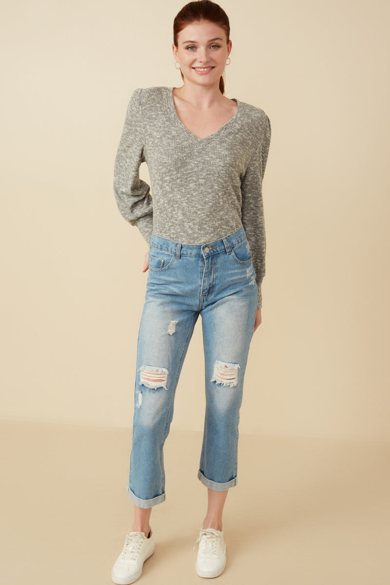 Womens Textured V Neck Speckled Rib Knit Top