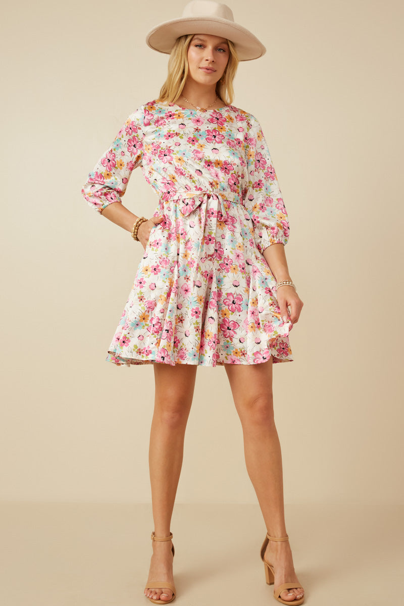 Satin Floral Long Sleeve Belted Flare Skirt Dress