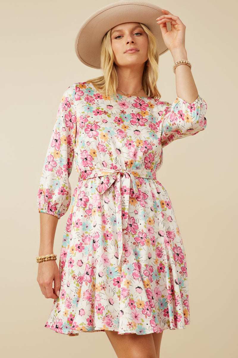 HY7627 Ivory Womens Satin Floral Long Sleeve Belted Flare Skirt Dress Front 2