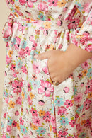 HY7627W Ivory Plus Satin Floral Long Sleeve Belted Flare Skirt Dress Detail