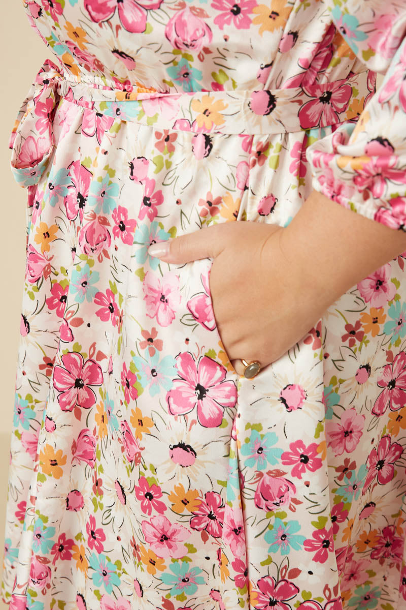 HY7627W Ivory Plus Satin Floral Long Sleeve Belted Flare Skirt Dress Detail