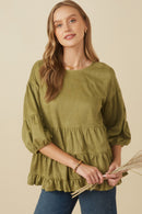 HY7663 Olive Womens Vegan Suede Tiered Puff Sleeve Top Front