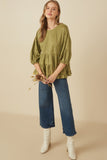HY7663 Olive Womens Vegan Suede Tiered Puff Sleeve Top Full Body
