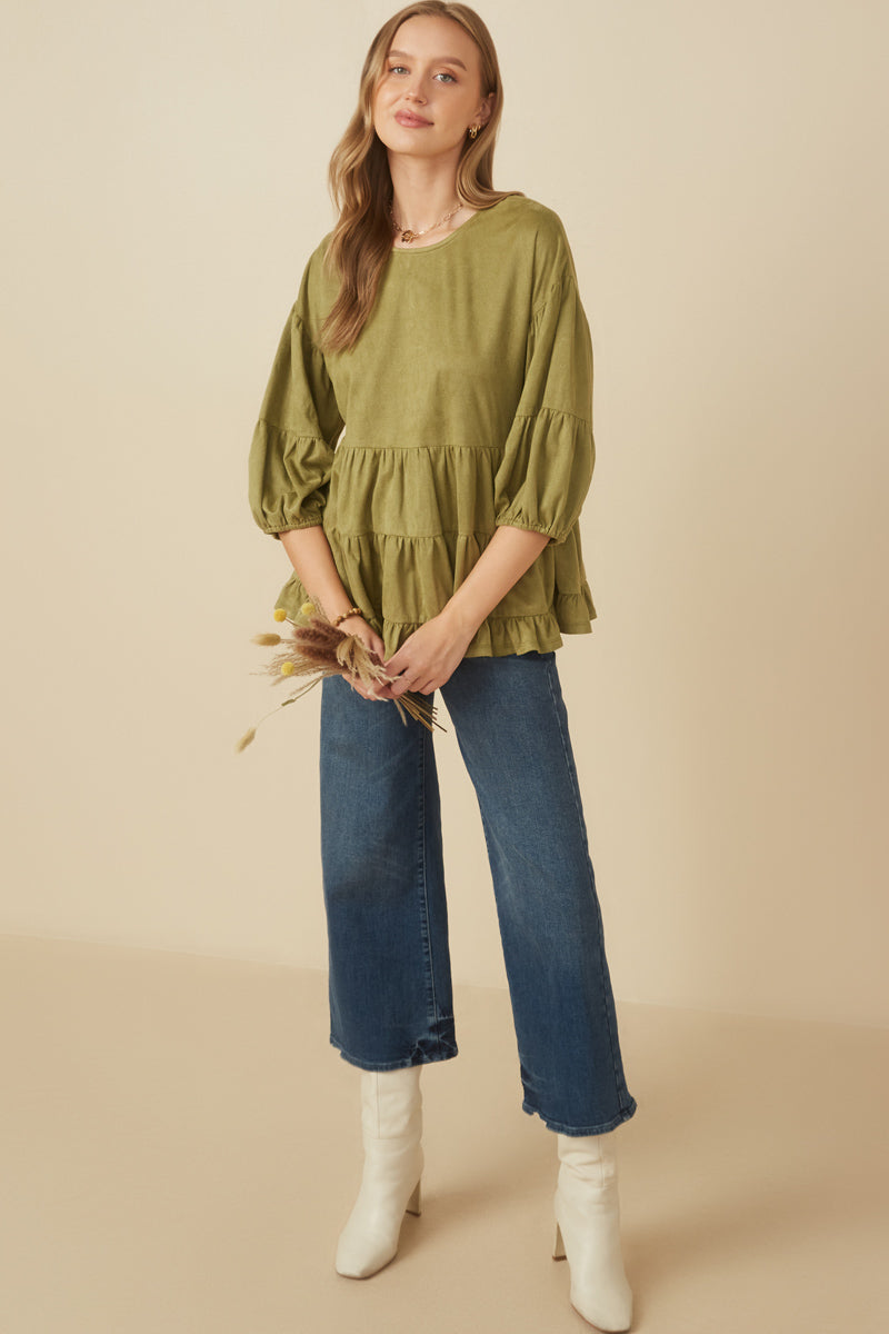 Vegan Suede Tiered Puff Sleeve Top