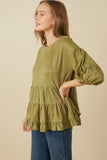 HY7663 Olive Womens Vegan Suede Tiered Puff Sleeve Top Side