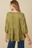 HY7663 Olive Womens Vegan Suede Tiered Puff Sleeve Top Back