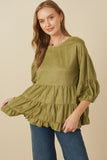 HY7663 Olive Womens Vegan Suede Tiered Puff Sleeve Top Front 2
