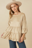 HY7663 Taupe Womens Vegan Suede Tiered Puff Sleeve Top Front