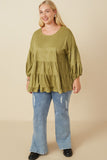 HY7663W Olive Plus Vegan Suede Tiered Puff Sleeve Top Full Body