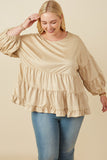 HY7663W Taupe Plus Vegan Suede Tiered Puff Sleeve Top Front