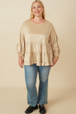 HY7663W Taupe Plus Vegan Suede Tiered Puff Sleeve Top Full Body