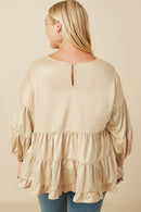 HY7663W Taupe Plus Vegan Suede Tiered Puff Sleeve Top Back