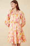 HY7674 Pink_Mix Womens Lurex Floral Square Neck Peasant Sleeve Dress Pose
