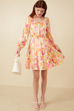 HY7674 Pink_Mix Womens Lurex Floral Square Neck Peasant Sleeve Dress Full Body