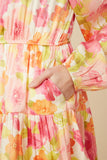 HY7674 Pink_Mix Womens Lurex Floral Square Neck Peasant Sleeve Dress Detail