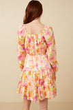 HY7674 Pink_Mix Womens Lurex Floral Square Neck Peasant Sleeve Dress Back